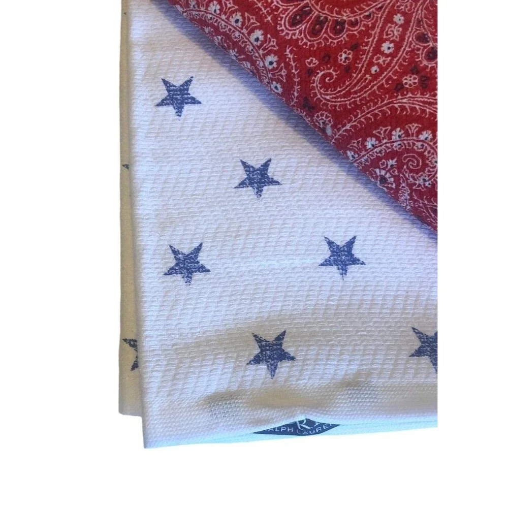 Ralph Lauren Kitchen Dish Towels July 4th Red Paisley Bandana Stars Set of 3
